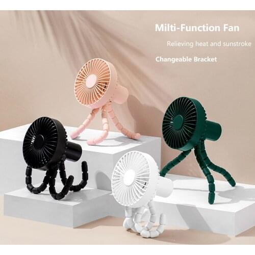 2021 New Tripod Mini Electric Fan Wireless Head Shaking Octopus Shape for Baby Stroller Bed Battery USB Handheld Fan Portable