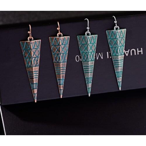 2019 Ethnic Long Dangle Earrings Gypsy Vintage Triangle Carved Female Geometric Alloy Green Indian Earrings