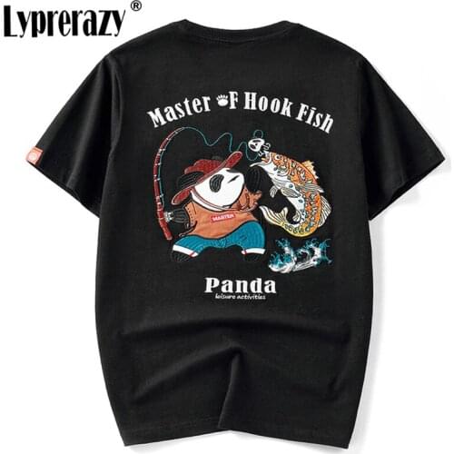 Lyprerazy New Summer Chinese Style Mens T-shirt Unisex Cotton Embroidery Panda Fishing Cartoons Short-sleeved T Shirt Tops