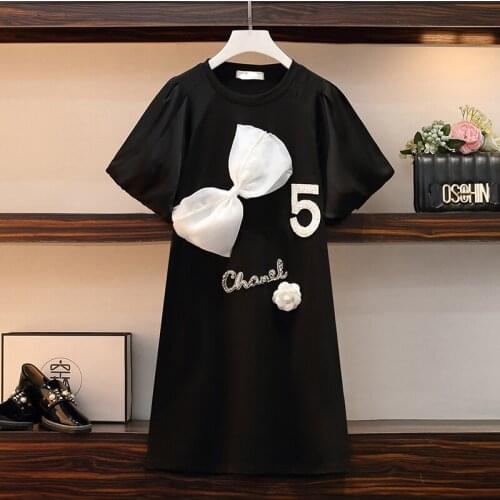 M-4XL plus size women letter Beading dress 2021 Summer short sleeve o neck bow black mini female dresses vestido robe