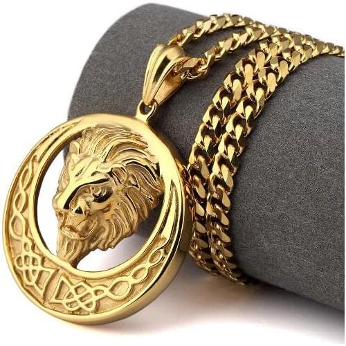 Mens Chain Curb Cuban Gold 316L Stainless Steel Lion Celtic Knot Pendant Biker Necklace