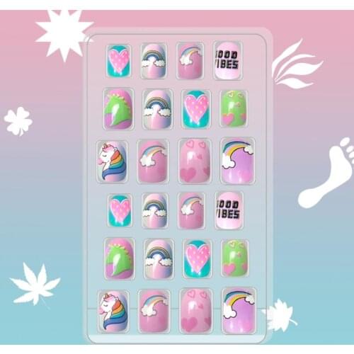 24Pcs Children Fake Nails Unicorn Candy Color Rainbow petal Design Blue Cloud Star Short Artificial Full Cover Children Nail Art