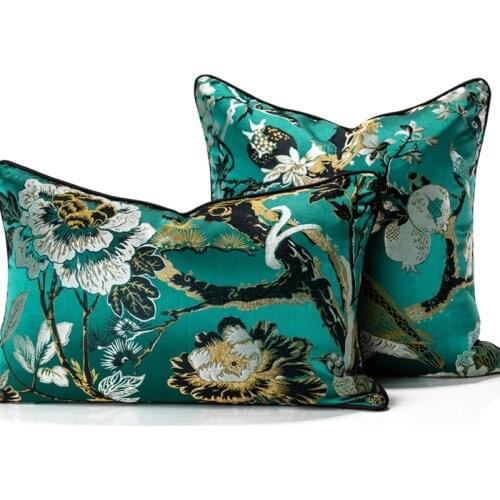 DUNXDECO Japandi Cushion Cover Couch Decorative Pillow Case Luxury Art Home Vintage Chinese Flora Bird Green Sofa Chair Coussin