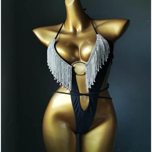 Nightclub Bar Adult Women DJ Pole Dance Rhinestones Leotard Costume Black Rose V-neck Backless Stones Tassel Bodysuit Stage Wear