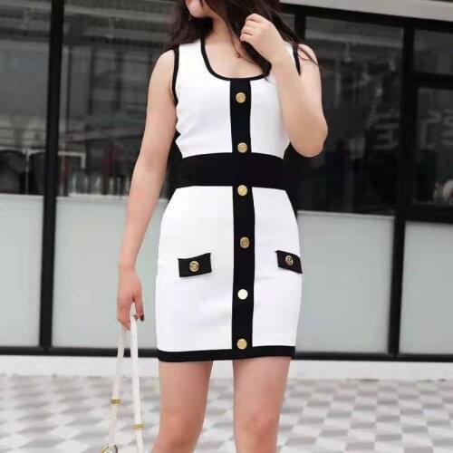 New Fashion Women White Patchwork Button Mini Bodycon Sleeveless O Neck Elegant Party Dress