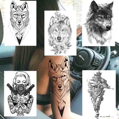 Realistic Fake Mountain Wolf Temporary Tattoo Sticker For Men Women Gun Soldier Tatoos Adults DIY Body Art Arm Leg Tattoos Paper
