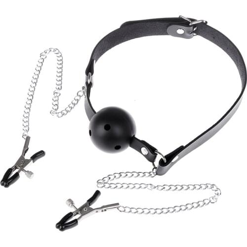 Sexy Toys PU Leather Mouth Gag Ball Oral Sex With Chain Clip Breast Nipple Clamps Fetish Bondage Harness Erotic Sex Adult Toy