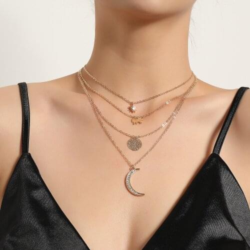 Rhinestone Crescent Alloy Elephant Pendants Necklaces for Women Gold Silver Color Layered Necklaces Female 2021 Fashion Jewelry