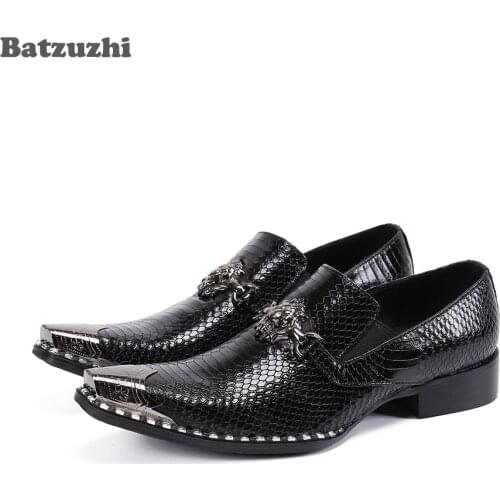 Batzuzhi Fashion Men Shoes Black Genuine Leather Dress Shoes Pointed Metal Cap Business Leather Shoes Zapatos Hombre, 38-46