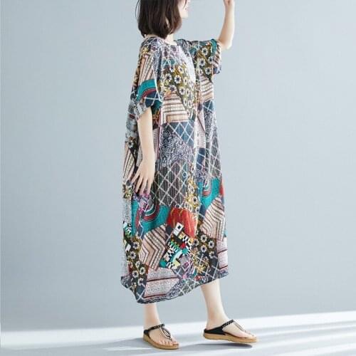 Vintage Folk Custom Women Summer Print Long Dresses Pullover O-Neck Short Sleeve Cotton And Linen Loose Soft Big Size Dresses