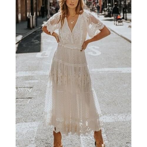 Happie Queens women solid short sleeve beach sexy lace Bohemian maxi dress Ladies v-neck Boho sundress vestidos