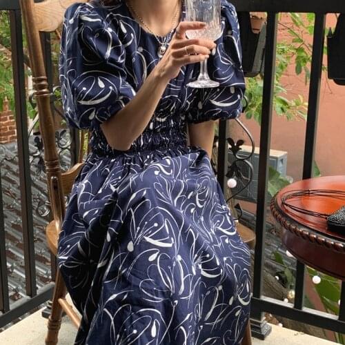 Summer New Fashion Printing Maxi Dress Casual Vintage Elastic Waist Dress for Women Lantern Sleeve Womens Clothing Chic 14901