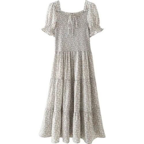 Summer Dress Elegant Florla Print Drawstring Elastic Puff Sleeve Pleated Long Dress Summer Casual Holiday Vestidos Mujer 2021