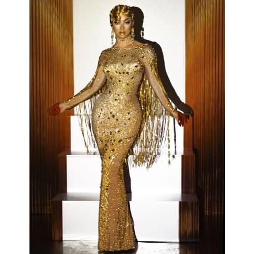 Sparkling Rhinestone Tassel Wedding Party Long Dress Women Stretch Evening Fringes Crystal Dress Sexy Singer Stage Costumes