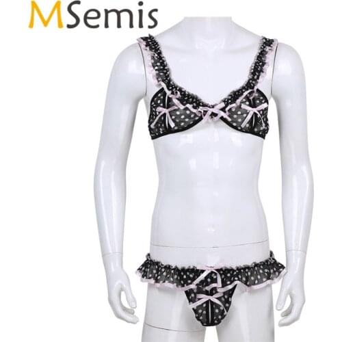 2Pcs Mens Bra Sissy Bra Top with Male Underwear Sexy Bra Soft Chiffon Elastic Frilly Ruffled Spots Set Crotchless Gay Panties