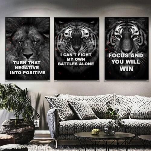 Black White Lion Tiger Motivational Quote Art Canvas Painting Wall Art Posters Prints Cuadros Wall Picture for Living Room Decor