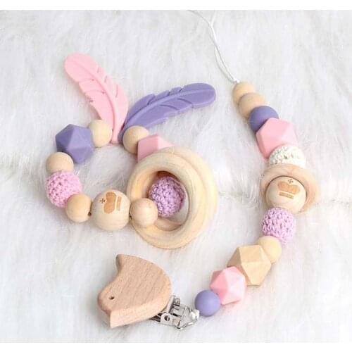 Baby Pacifier Clips Chain Toddler Nipple Teething Toy Wooden Bracket Wood Cartoon Elephant Love Star Crown Safe Silicone Leaf