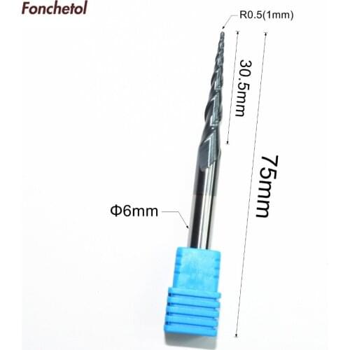 1PCS-6mm*R0.5*30.5*75L,woodworking router bit,relief engraving tool,cnc tungsten solid carbide milling cutter,taper ball nose