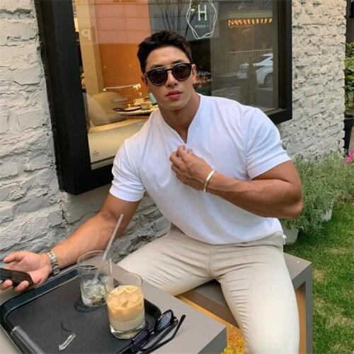 Korean New Casual Short Sleeves T Shirt Men Fitness T-shirt Male Training Workout Cotton Slim Tees Tops White Fashion Clothes