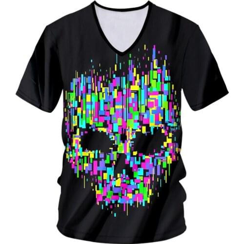 IFPD EU/US Size Men Clothes Summer Colorful Skull Print V-neck T-shirt 3D Print Plus Size Casual Breathable Funny Shirts