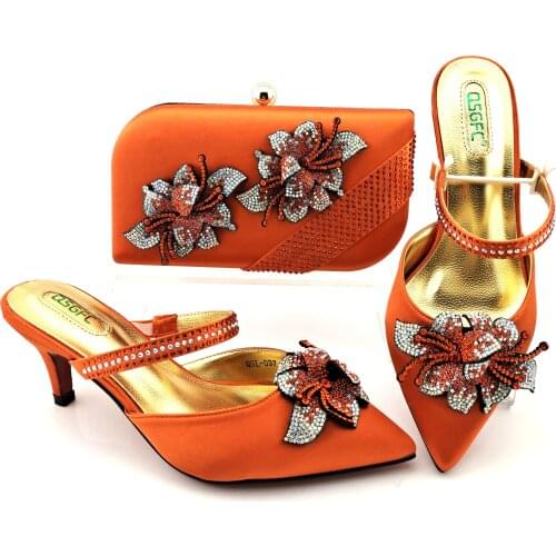 Hot Selling Italian Design Fahion Crystal Luxury and Elegant Women Shoes and Bag Set Decorated WIth Rhinestone in Orange Color