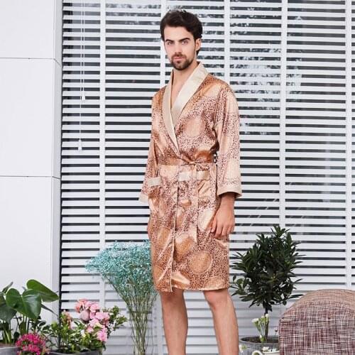 FZSLCYIYI Men Sleepwear Silk Long Sleeve Nightgown Bathrobe Kimono Homewear Bath Gown Printed Geometric Male Sexy Rayon Robe
