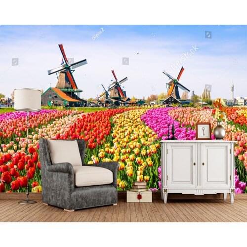 Custom landscape wallpaper, Dutch windmill and tulip murals for living room bedroom sofa TV backdrop wall decor wallpaper