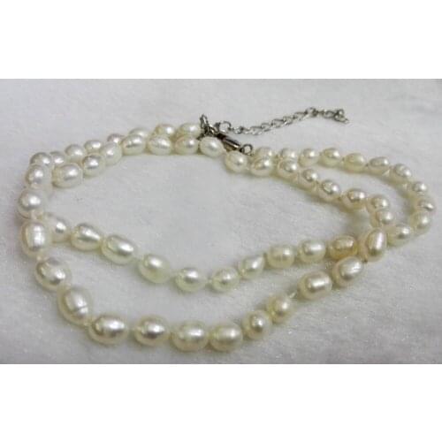 Women Classic Jewelry 6mm white oval round pearl necklace real natural freshwater pearl 17inch / 45cm