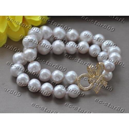 Z11282 2row 8" 13mm White Round Edison Keshi Pearl Bracelet Bowknot CZ Women Fine Jewelry