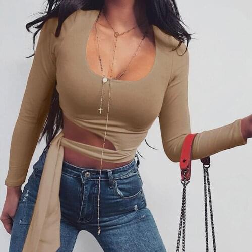 2020 New Fashion women Casual Round Neck Long Sleeve T-Shirt Irregular Bandage Crop Top Blouse Summer Top