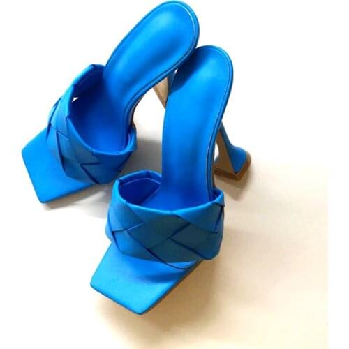 2021 New Fashion Weave Design Shoes Woman Slippers Summer Square Toe High Heels Sandals Women Dress Party Shoes Size 42