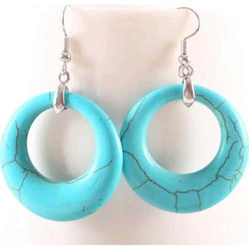 Women Fashion Jewelry Gift Natural Stone Green Howlite Double Sided Round Beads Hook Dangle Earrings 1Pair U181