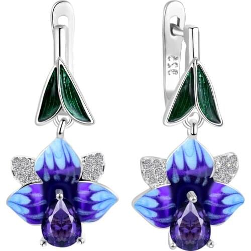 Women Exaggerated Big Flower Petal Silver Color Dangle Earrings Noble Handmade Blue Enamel Elegant Drops Earrings Jewelry Gift