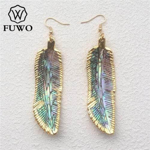 FUWO Carved Abalone Shell Feather Earrings With 24K Gold Filled Edge Fashion Paua Shell Tribal Style Dangle Earrings ER507