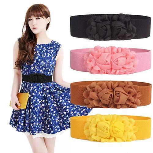 Women Girl Fashion Elastic Band Wide Stretch Cummerbunds Elastic Waist Belt Solid Color Flower Waistband gift