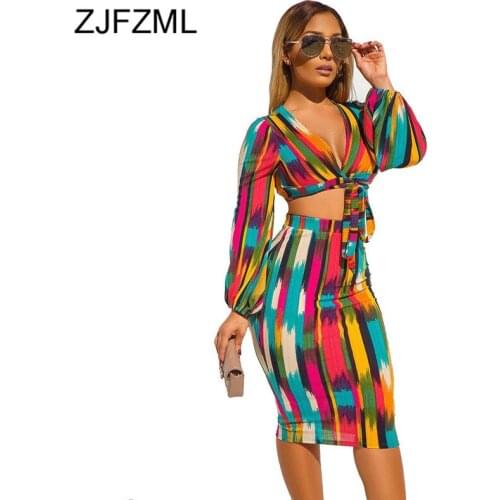 Rainbow Tie Dye Sexy Two Piece Skirt Set Women Deep V Neck Long Sleeve Tie Up Crop Tops and Midi Pencil Skirts Autumn Outfits