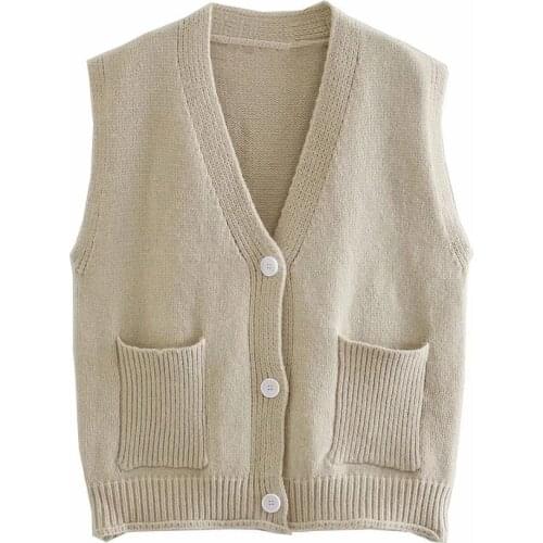 Za New Women Fashion Knitted Cardigan Vest Sweater V-neck Sleeveless Solid Color Loose Female Waistcoat Chic Tops XITIMEAO