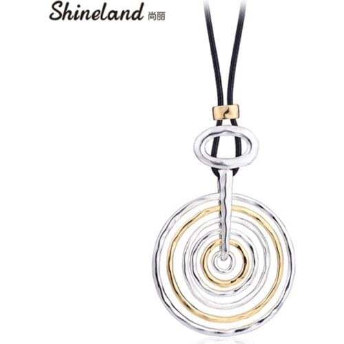 Shineland Fashion Long Round Circle Pendant Necklace Women Black Pu Leather Punk Statement Collares Largos Clothing Accessories