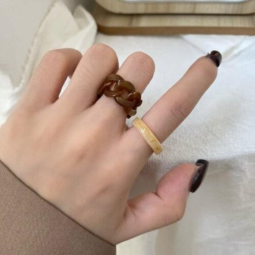 2PCS Vintage Muticolored Resin Chain Ring Set New Trendy Korean Blue Jewelry Female Party Rings