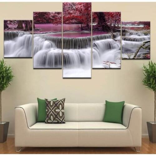 5 Panel Landscape Valley Waterfall Wall Art Canvas Posters Pictures HD Paintings Home Decor Accessories Living Room Decoration