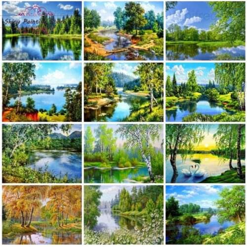 5D DIY Diamond Embroidery Mosaic Green Nature Scenery Ladscape Diamond Painting Tree Lake Picture Of Rhinestones Cross Stitch