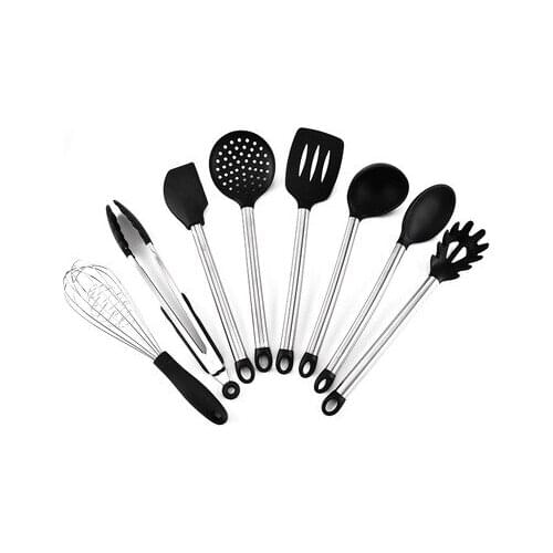 8pcs/set Silicone And Stainless Steel Kitchen Utensil Kit Scraper Set Whisk Tong Spatula Pasta Server Slotted Turner Spoon H825