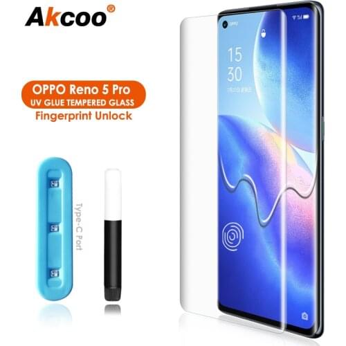 Akcoo For OPPO Reno 5 Pro Screen Protector UV Full Screen Glue Tempered Glass film for OPPO Reno 3 4 Pro 5G glass shield