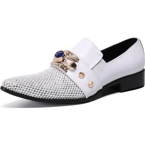 White Men Real Leather Shoes Man Wedding Dress Shoes Pointed Toe Formal Business Leather Shoes Plus Size Footwear