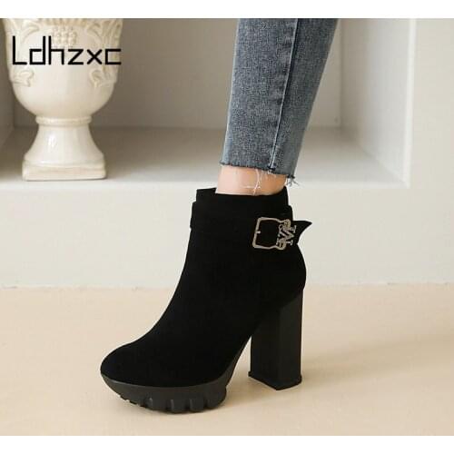 LDHZXC New Arrival Women Ankle Boots Suede Leather Round Toe High Heels Platform Boots Autumn Winter Party Shoes Female