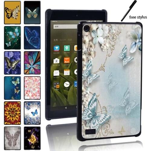 Tablet Case for Amazon Fire 7 (5/7/9th Gen)/HD8 (6/7/8th Gen)/HD10(5/7/9th Gen) Butterfly Print Protective Sleeve + Free Stylus