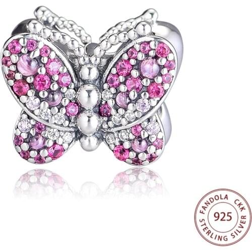 Genuine 925 Sterling Silver Dazzling Pink Butterfly Charms Beads Fits Original Bracelet Argent Charm Woman DIY Jewelry Berloque
