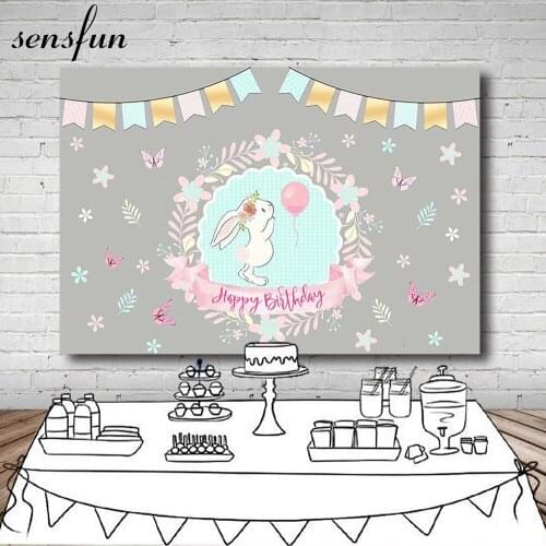 Sensfun Girls 1st Birthday Party Backdrop For Photo Studio Bunting Butterfly Flowers Rabbit Photography Backgrounds 7x5ft Vinyl