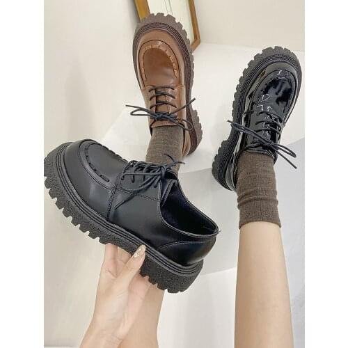 Leather Shoes Womens British Style Thick Soled Flat Platform Shoes Lace Up Student Single Brogue Shoes Flats Boat Shoe Loafers