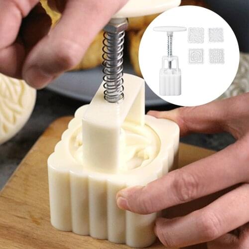 4Style Square Flower Mooncake Mold Set 50g Mid Autumn Festival DIY Hand Pressure Fondant Moon Cake Mould Decoration Tool